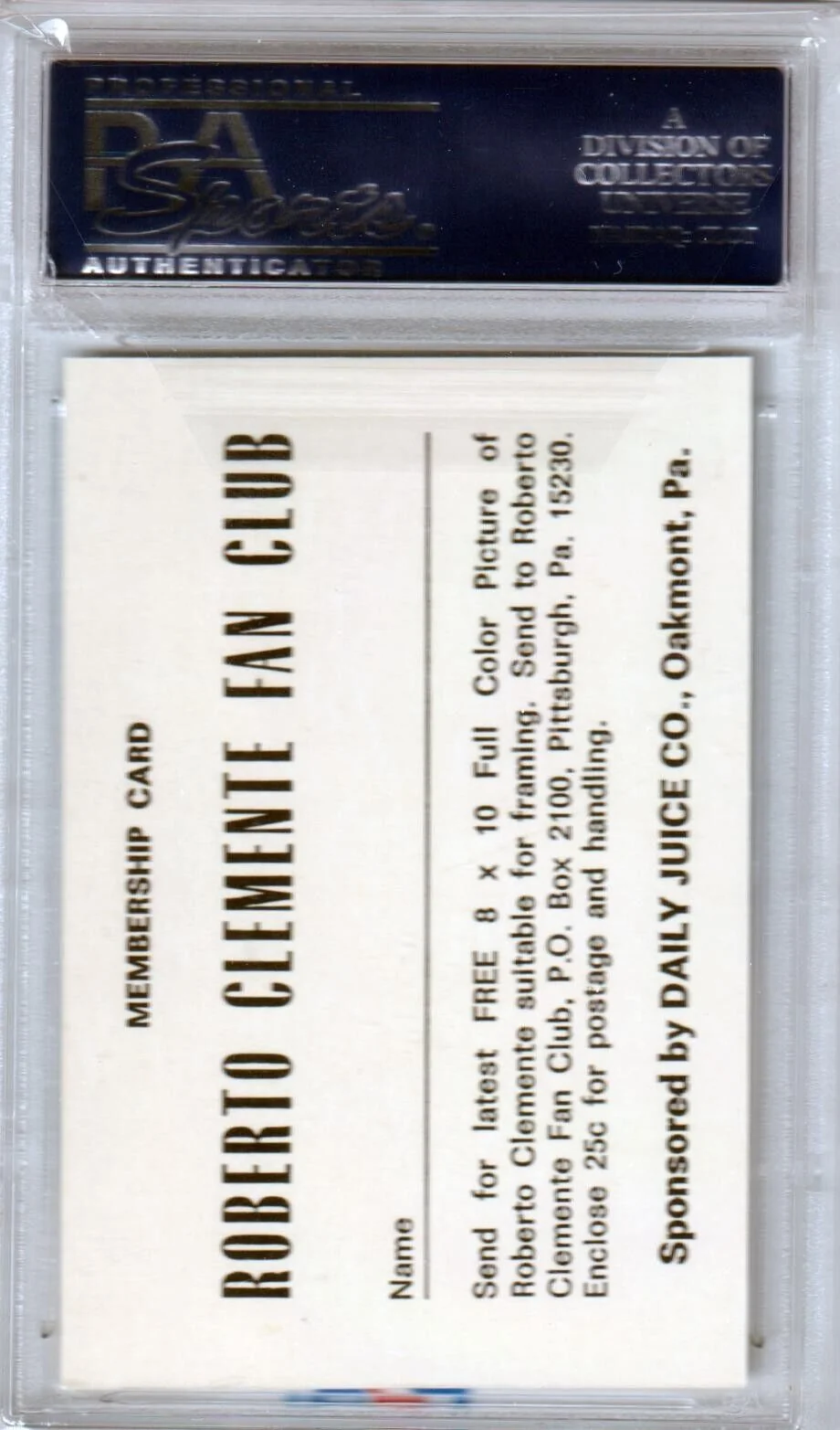 ROBERTO CLEMENTE 1972 Daily Juice Membership PSA 7 NM - PIRATES - Image 2
