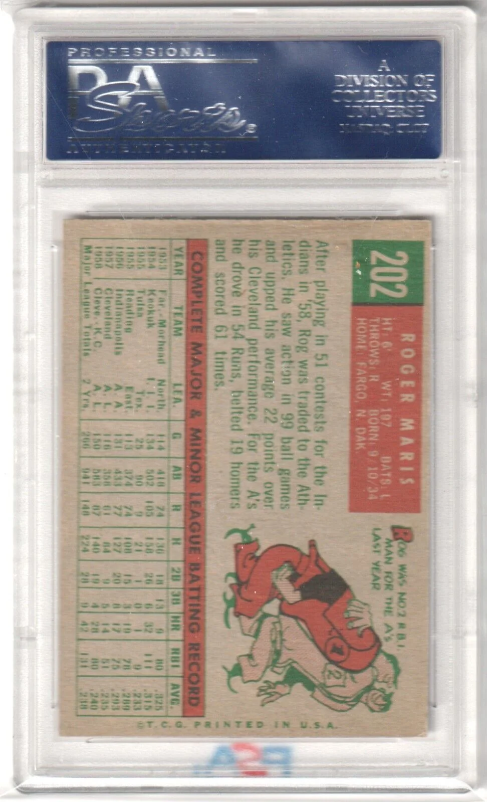 ROGER MARIS 1959 Topps #202 Graded PSA 6 EX-MT - Image 2