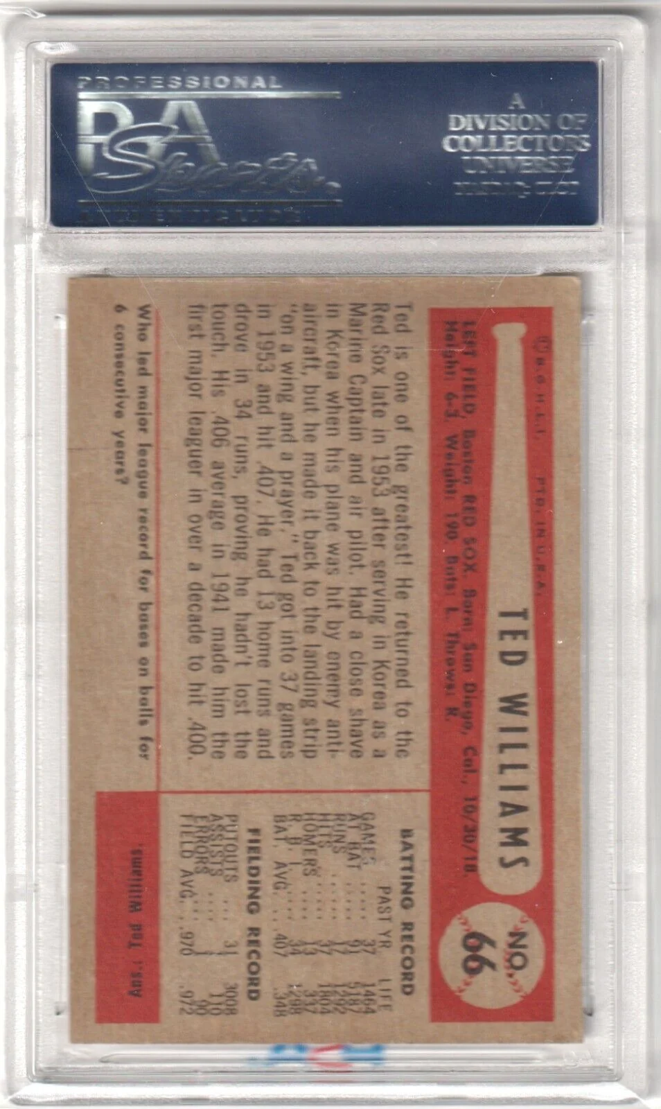 TED WILLIAMS 1954 Bowman #66 PSA 5 EX - RED SOX - Image 2