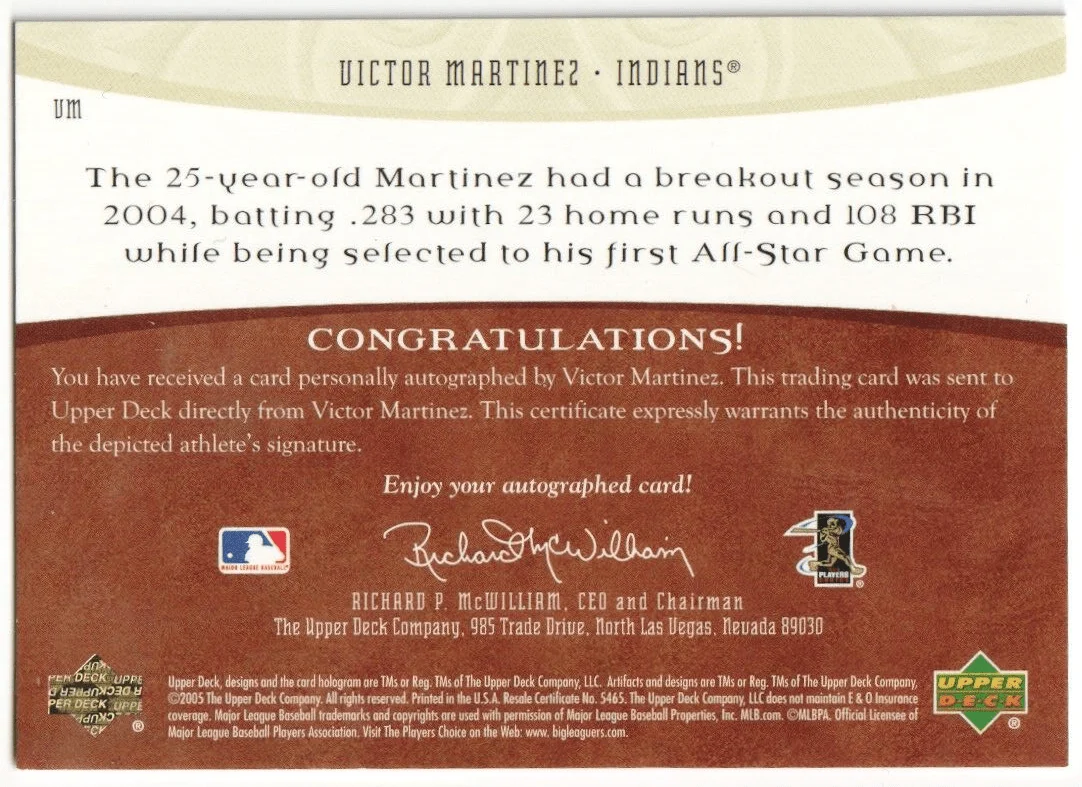 VICTOR MARTINEZ 2005 Upper Deck Artifacts Autograph Auto #/599 - INDIANS - Image 2