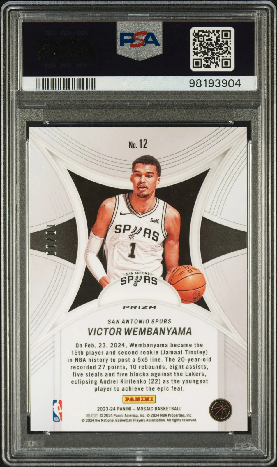 VICTOR WEMBANYAMA 2023 Panini Mosaic Epic RC Pink Fluorescent PSA 10 GEM Pop 3 - Image 2