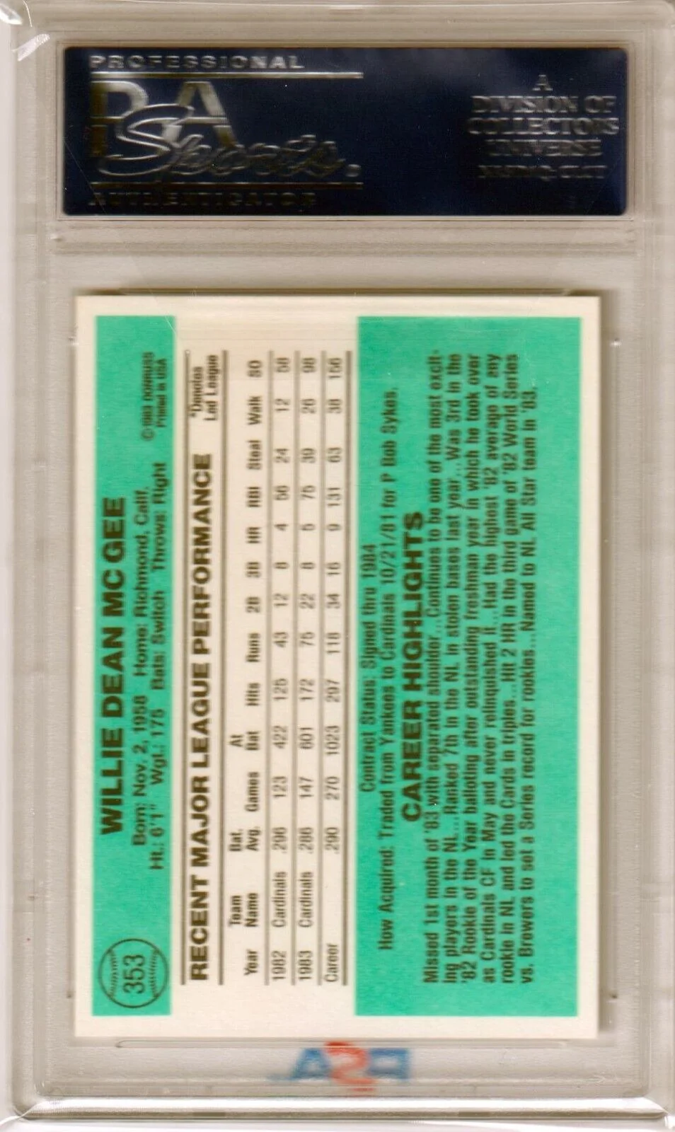 WILLIE McGEE 1984 Donruss #353 PSA 10 GEM MINT - CARDINALS - Image 2